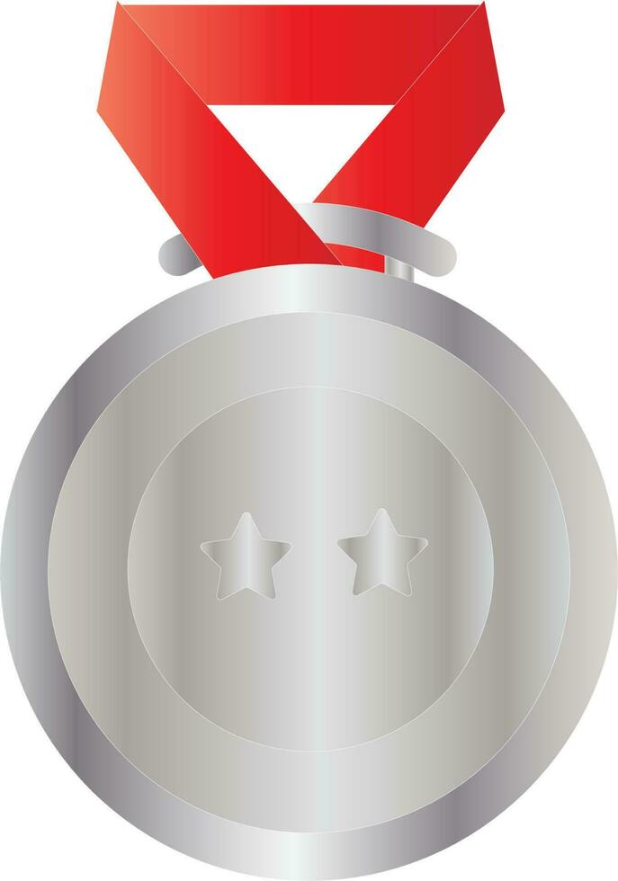 Flat Style Silver Star Round Medal With Red Ribbon Icon. vector