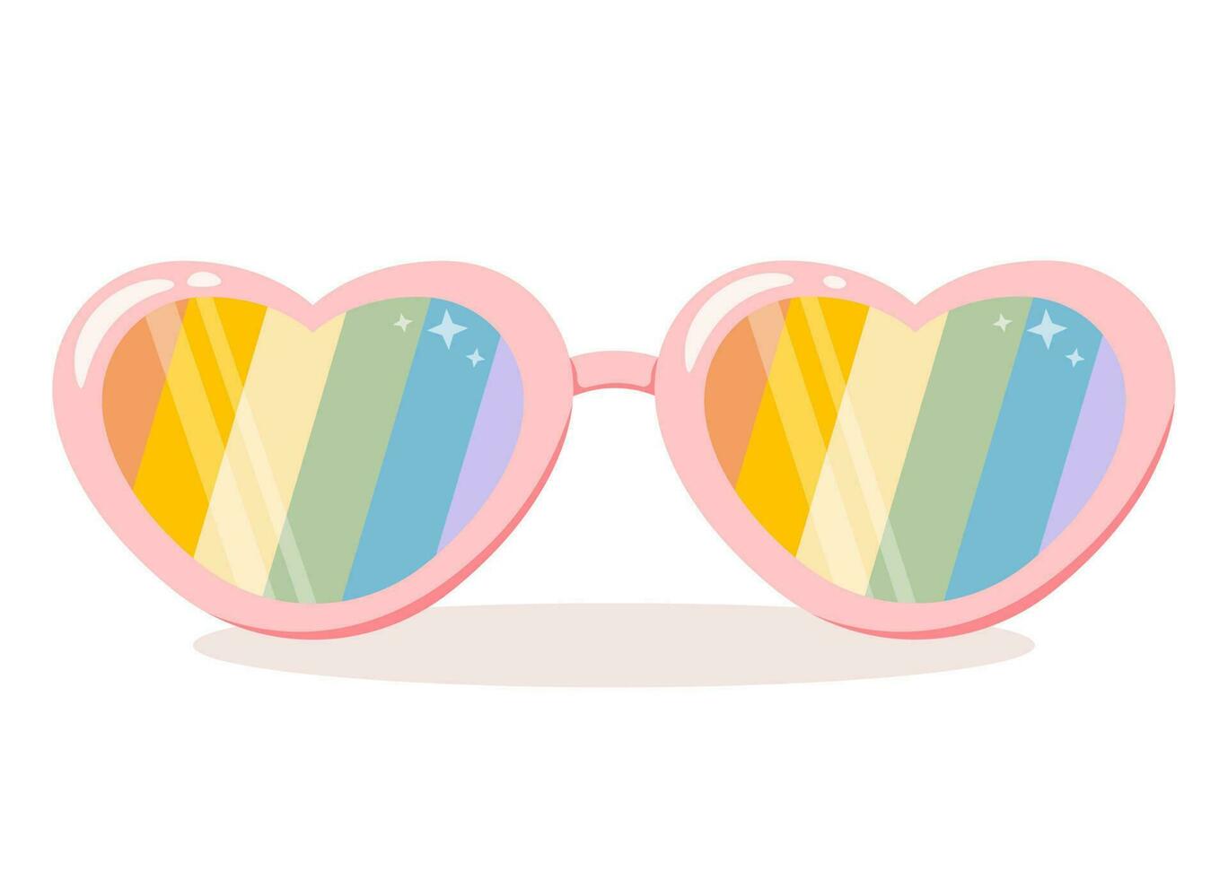 Glasses in the shape of hearts with LGBTQ rainbow. Happy Pride Month. Cute colorful sunglasses. Shine lenses. Hippie aesthetic clipart. Retro cartoon style. Flat vector illustration.