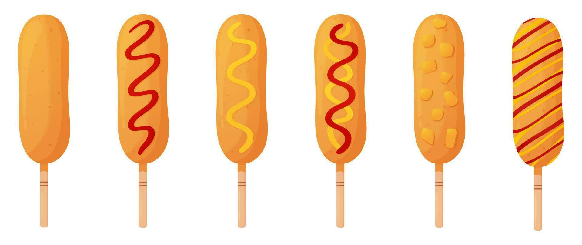 Big set of Corn dogs. Sausage in dough on a stick with and without condiments. American or Korean street food. Detailed flat illustration. Fastfood concept. Isolated on a white background. vector