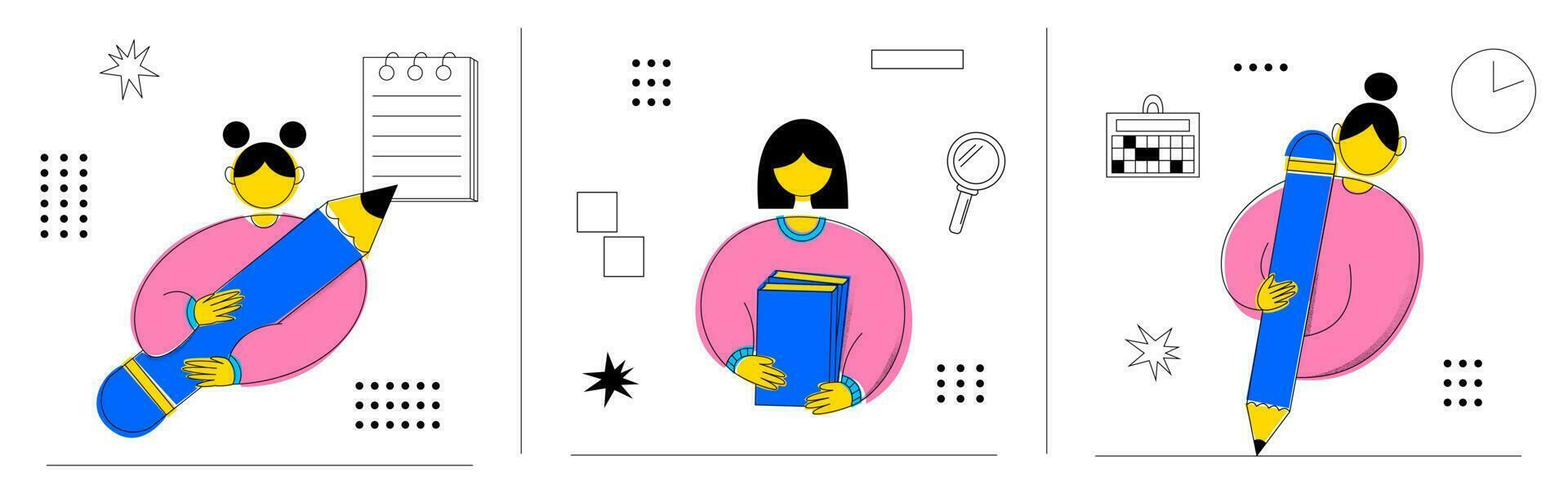 Set of women reading books and holding big pencils for drawing or writing. School or college activity. Education and creativity concept. Trendy flat outline character on isolated white background. vector