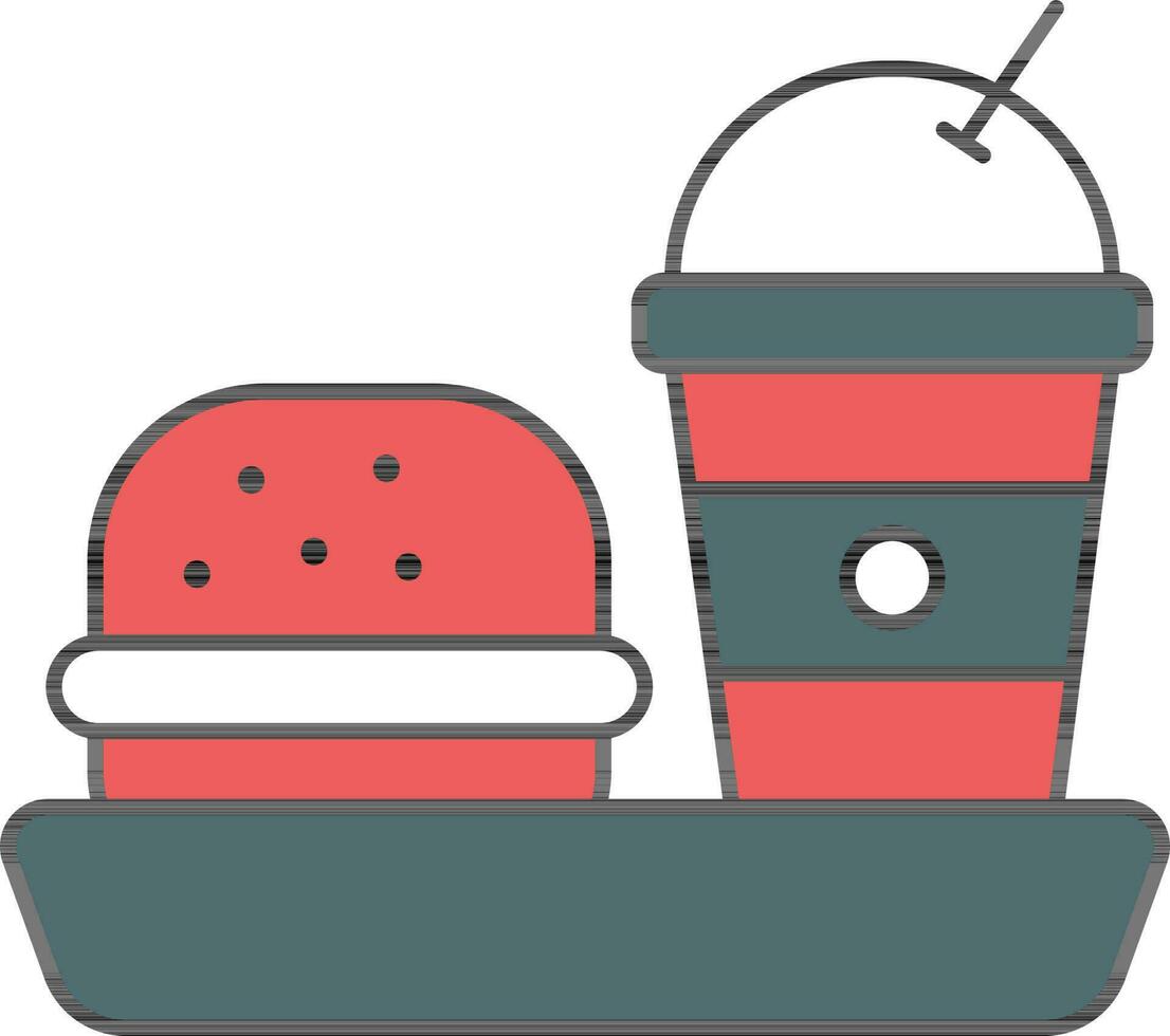 Burger With Drink Glass On Serving Plate Icon In Red And Teal Color. vector