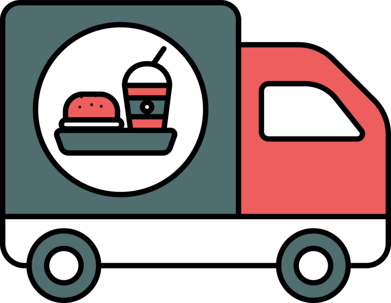 Fast Food Delivery Truck Icon In Teal And Red Color. vector