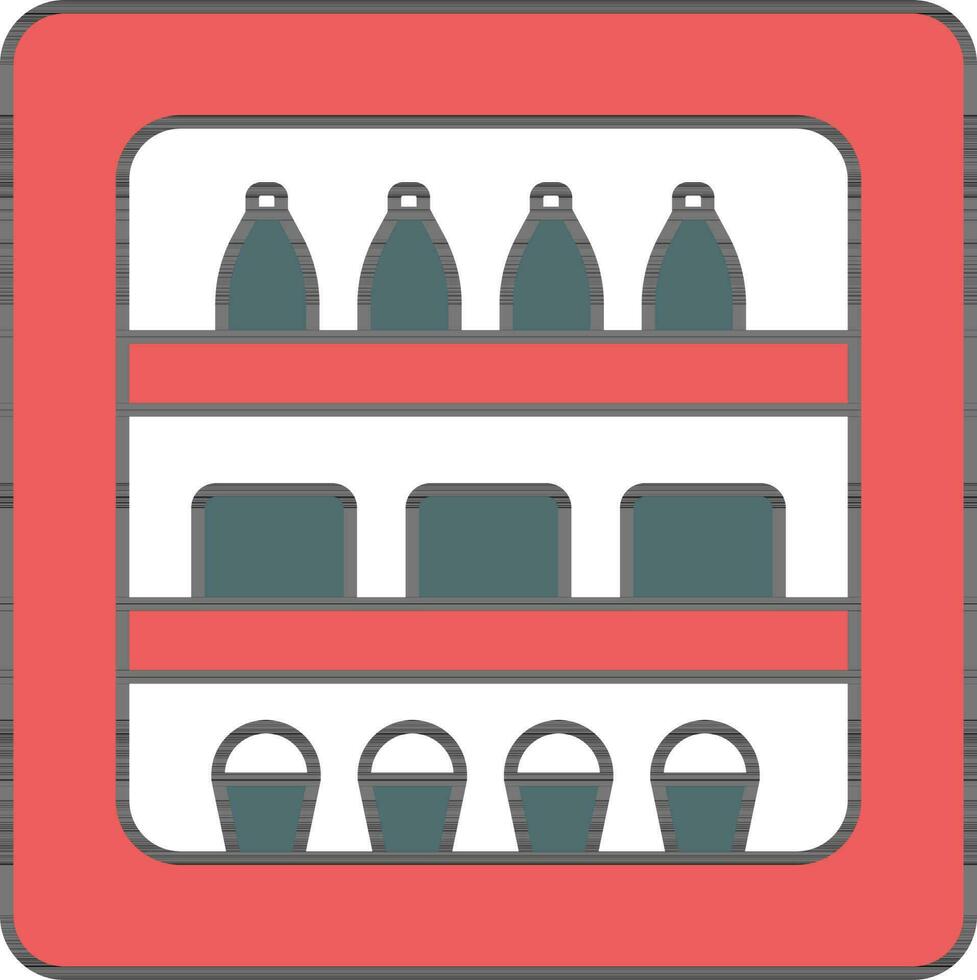 Product Bottles With Boxes And Drink Glasses In Shelves For Grocery Teal And Red Icon. vector
