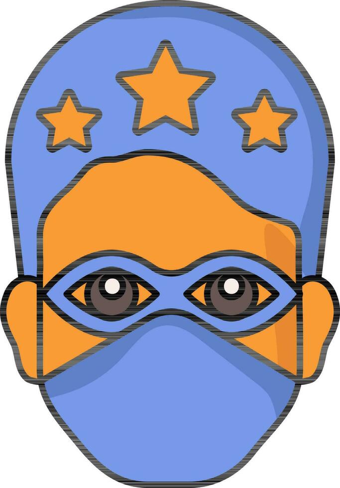 Superhero Helmet Wearing Man Face Orange And Blue Icon In Fat Style. vector