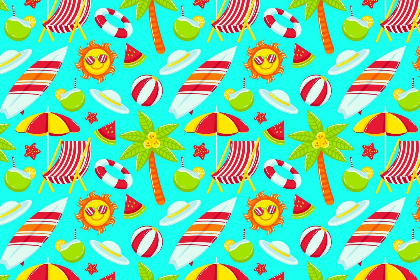 Beach Themed Summer Seamless Pattern. Beach chair, coconut tree, umbrella, ball, lifebuoy, hat, sun and watermelon. Perfect for design assets and backgrounds vector