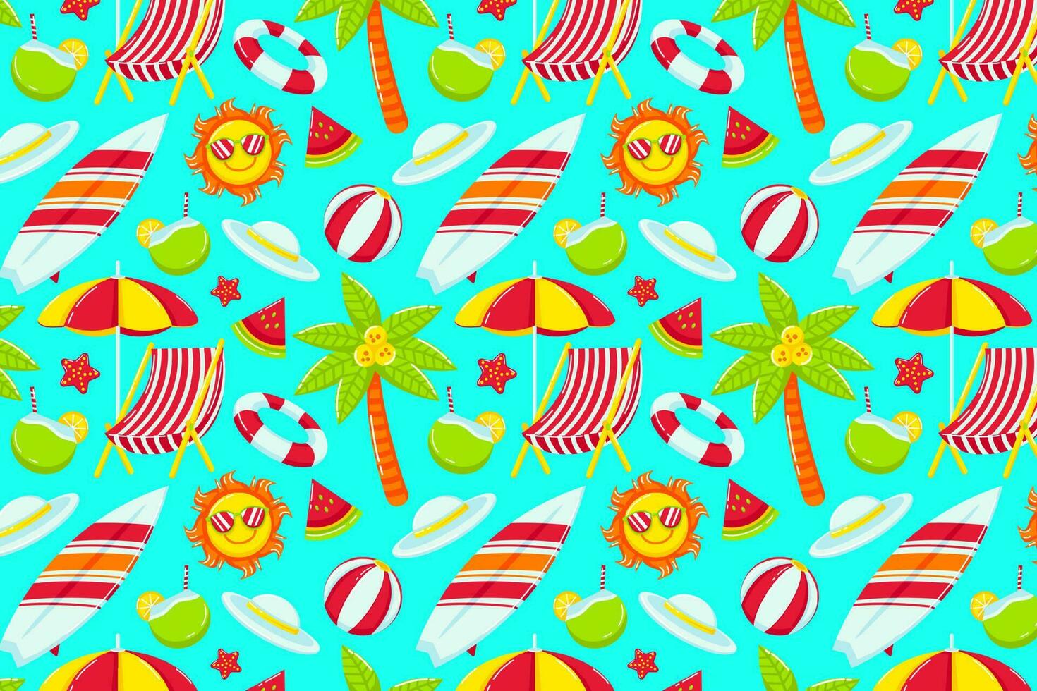 Beach Themed Summer Seamless Pattern. Beach chair, coconut tree, umbrella, ball, lifebuoy, hat, sun and watermelon. Perfect for design assets and backgrounds vector