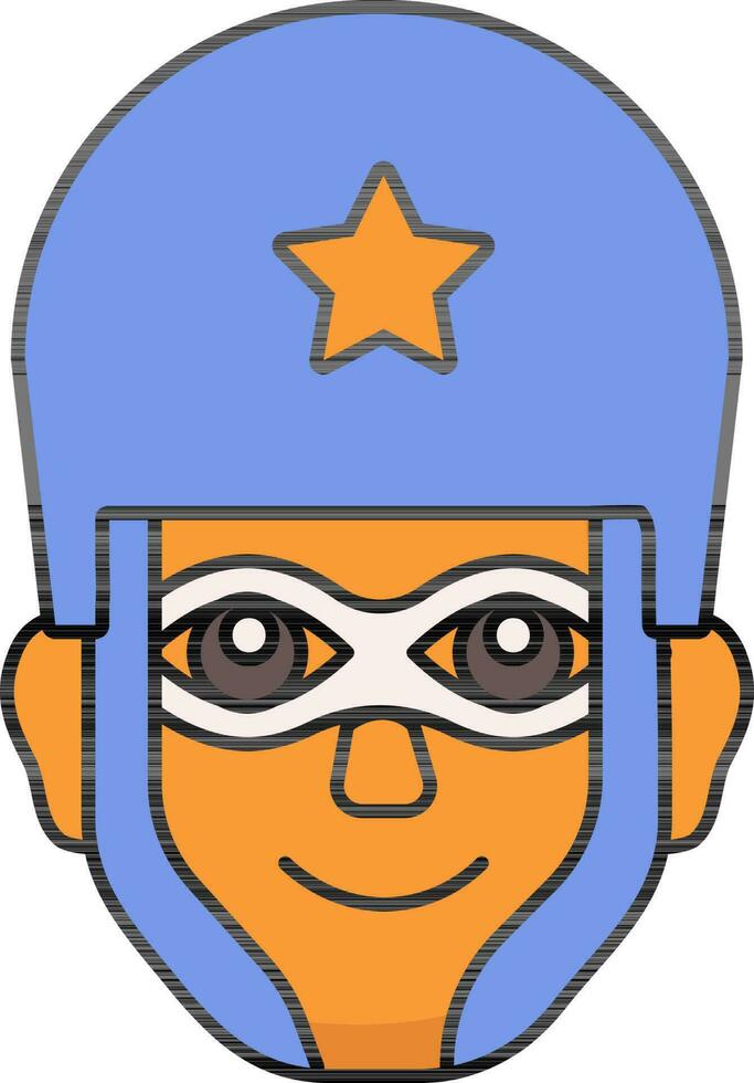 naranja y azul superhéroe casco vistiendo hombre cara plano icono o símbolo. vector