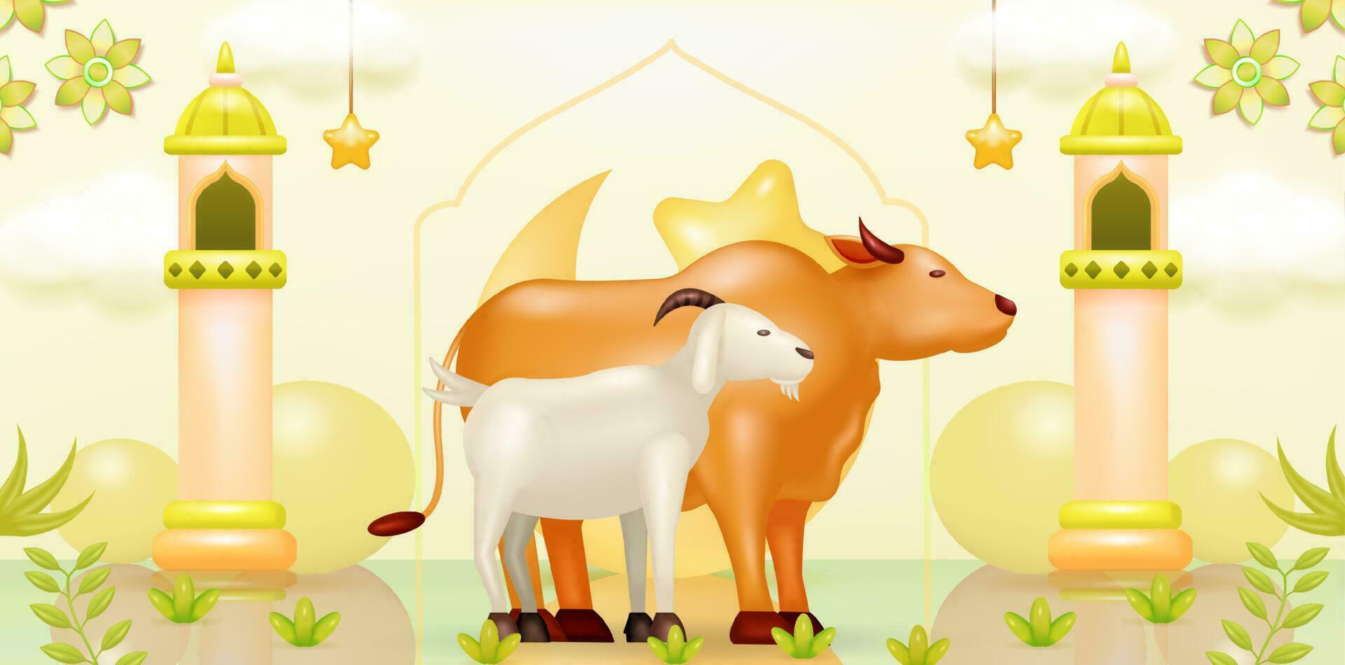 eid al-adha 3d vector. ilustración de cabra y vaca con islámico y Arábica antecedentes para musulmán comunidad festival. islámico fiesta Perfecto para pancartas y diseño bienes vector