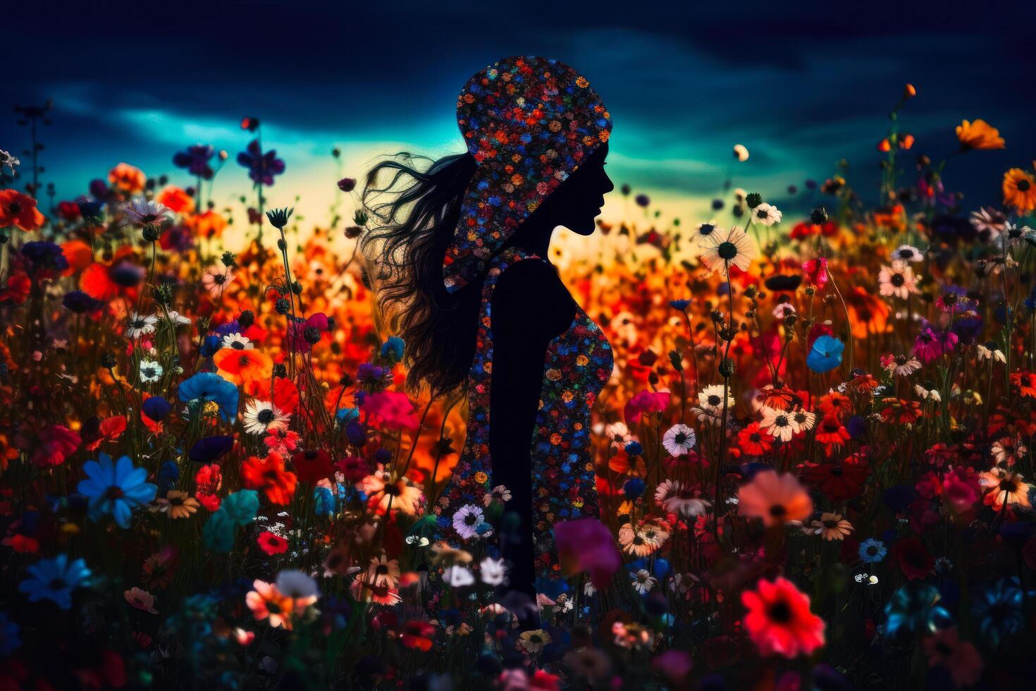 dark woman silhouette in flower symbolizing beauty and femininity photo