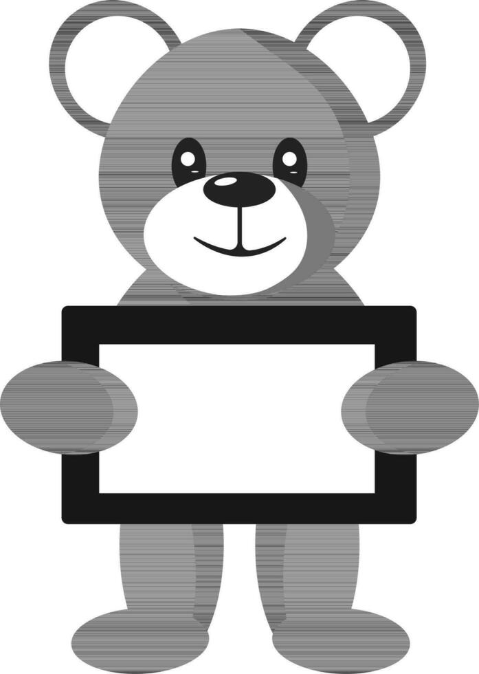 Cheerful Teddy Bear Character Holding Banner Icon In Black And White Color. vector