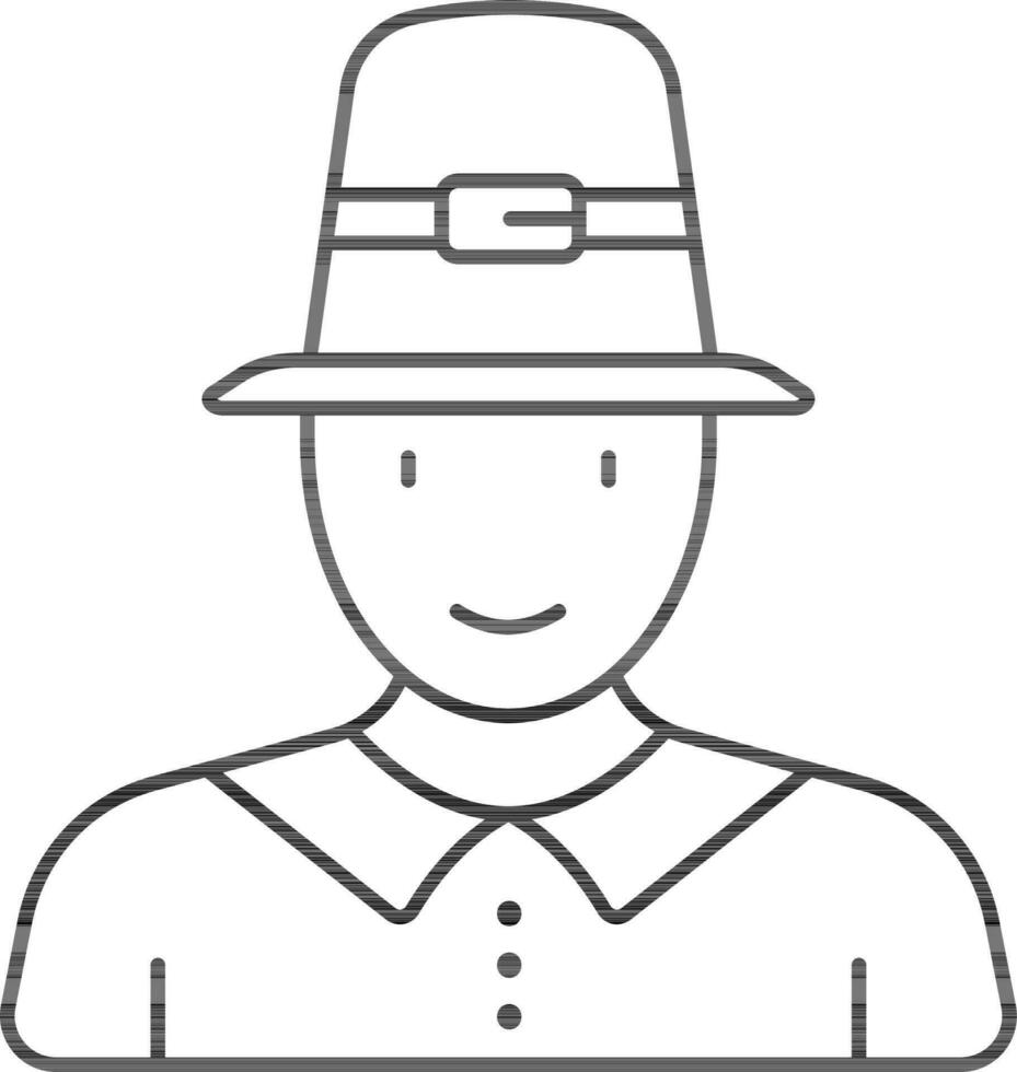 Flat Style Man Wearing Pilgrim Hat Icon In Black Outline. vector