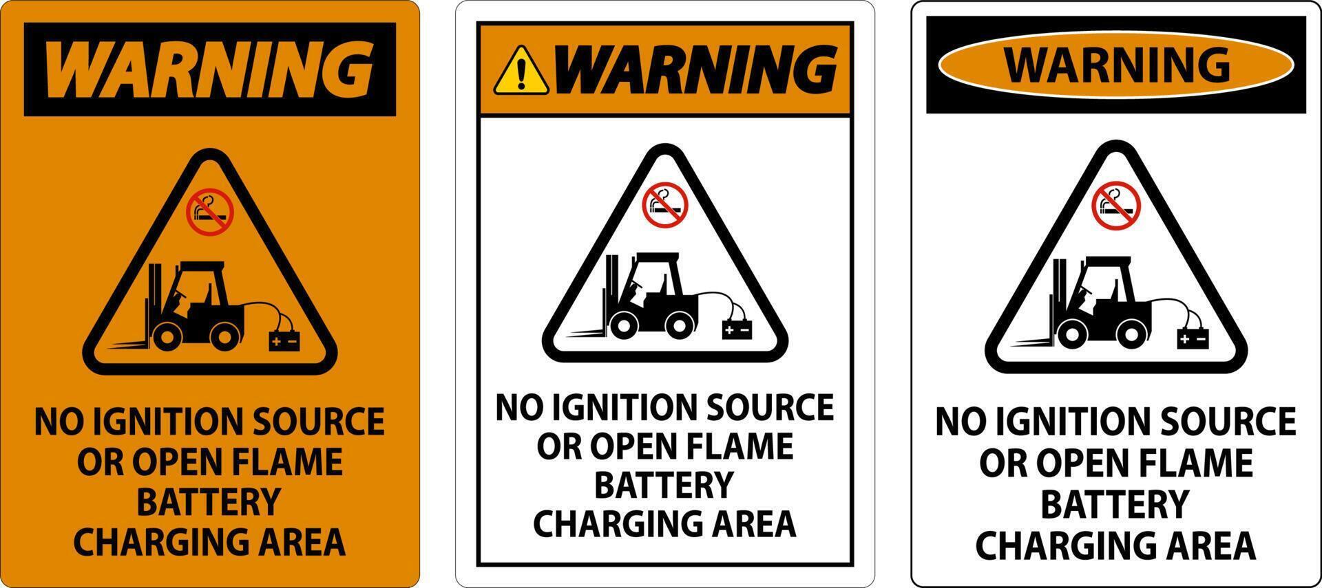 Warning Sign No Ignition Source Or Open Flame, Battery Charging Area vector