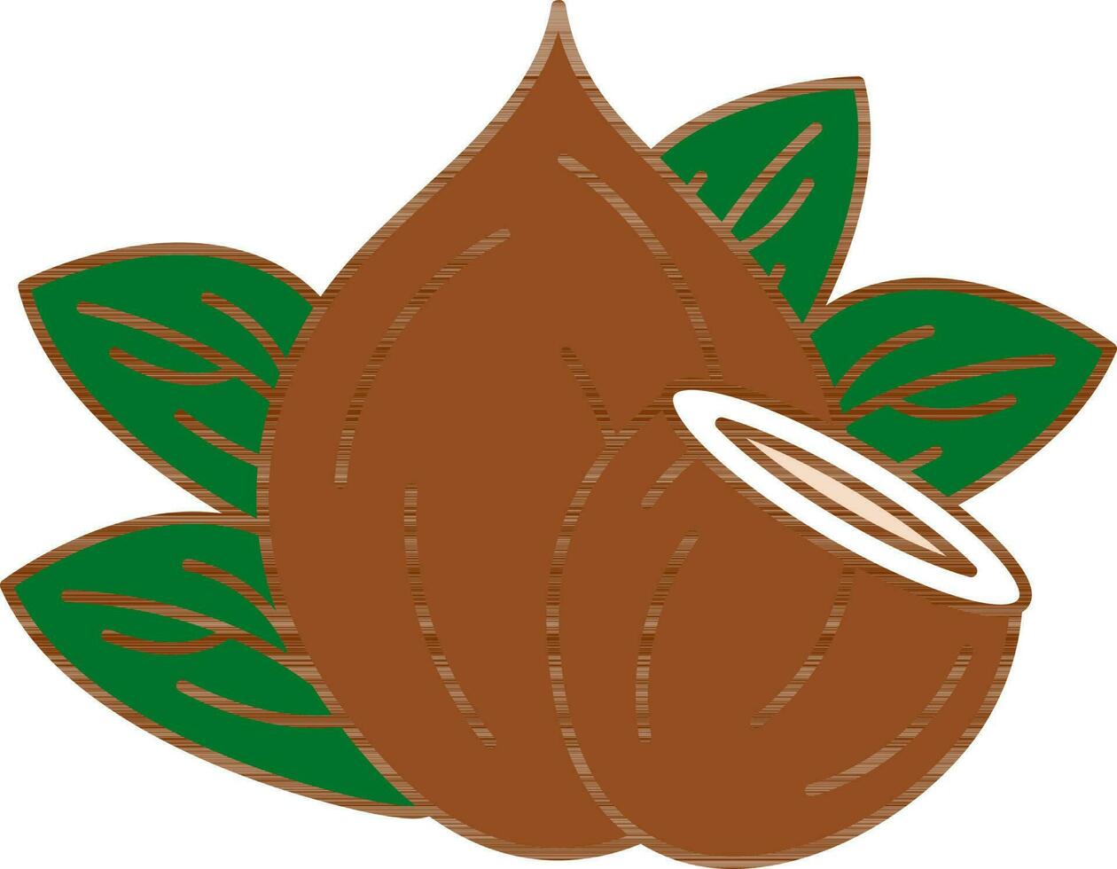 Coconut With Piece On Mango Leaves Icon In Brown and Green Color. vector