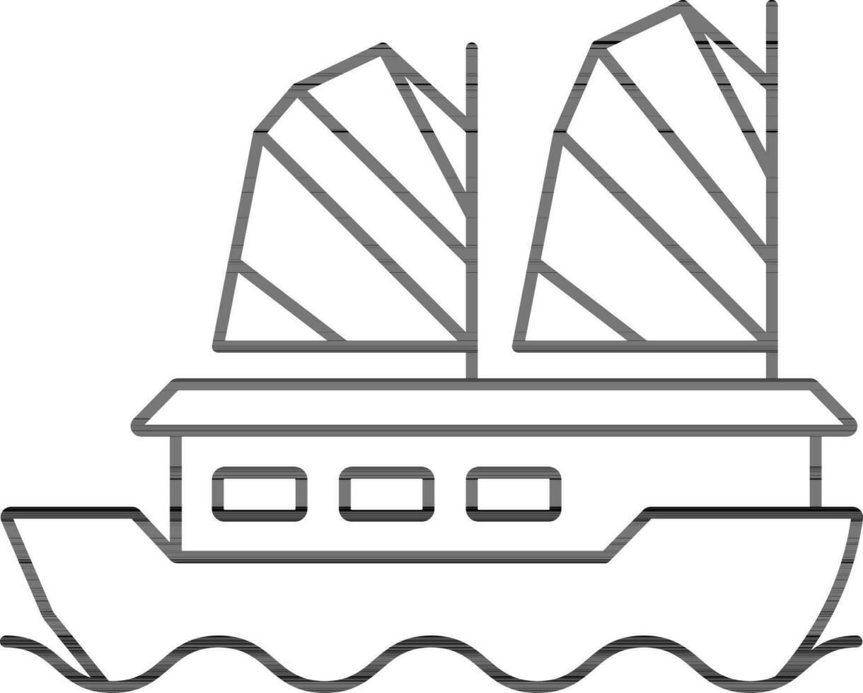 Ship on Wave Icon In Black Line Art. vector