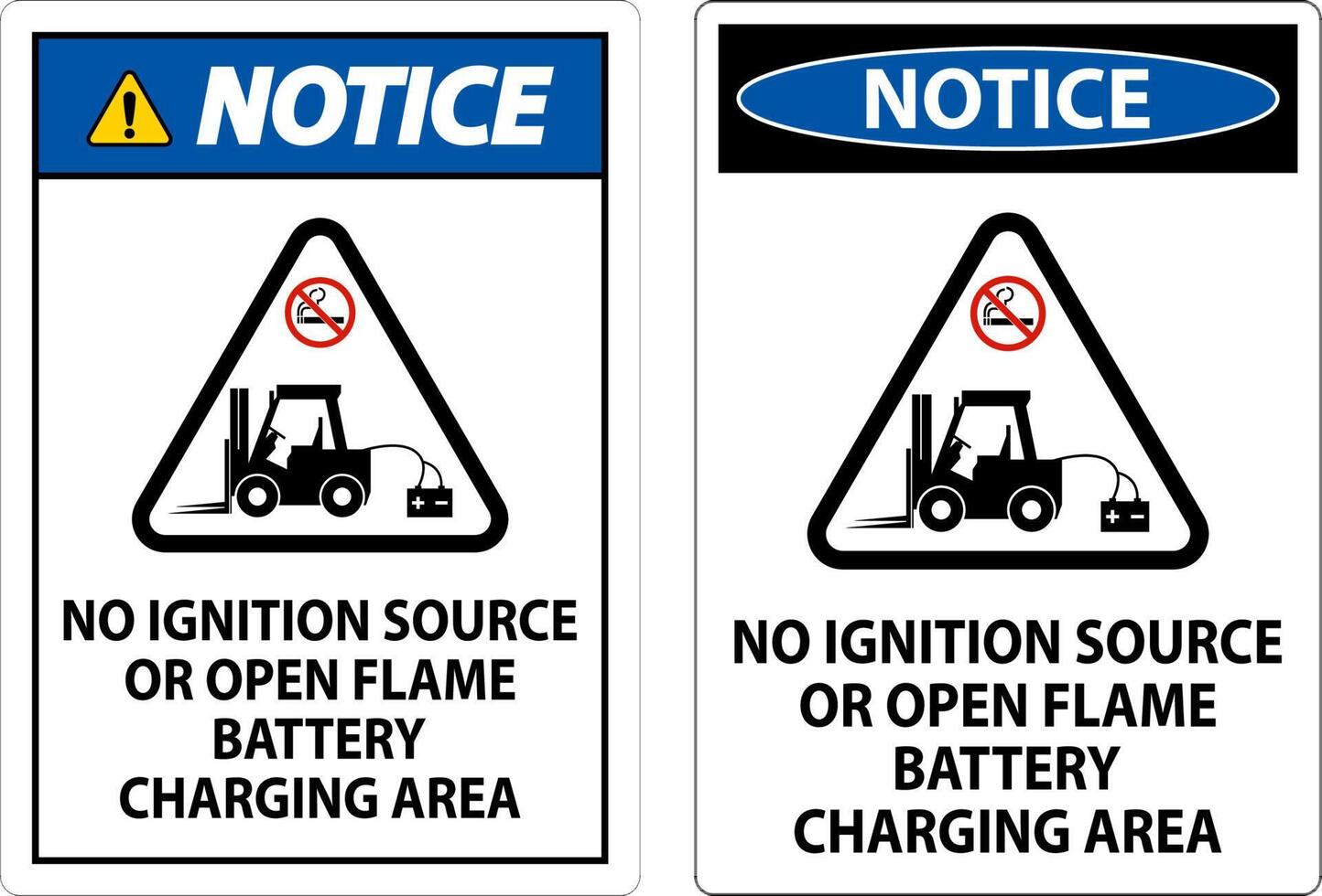 Notice Sign No Ignition Source Or Open Flame, Battery Charging Area vector