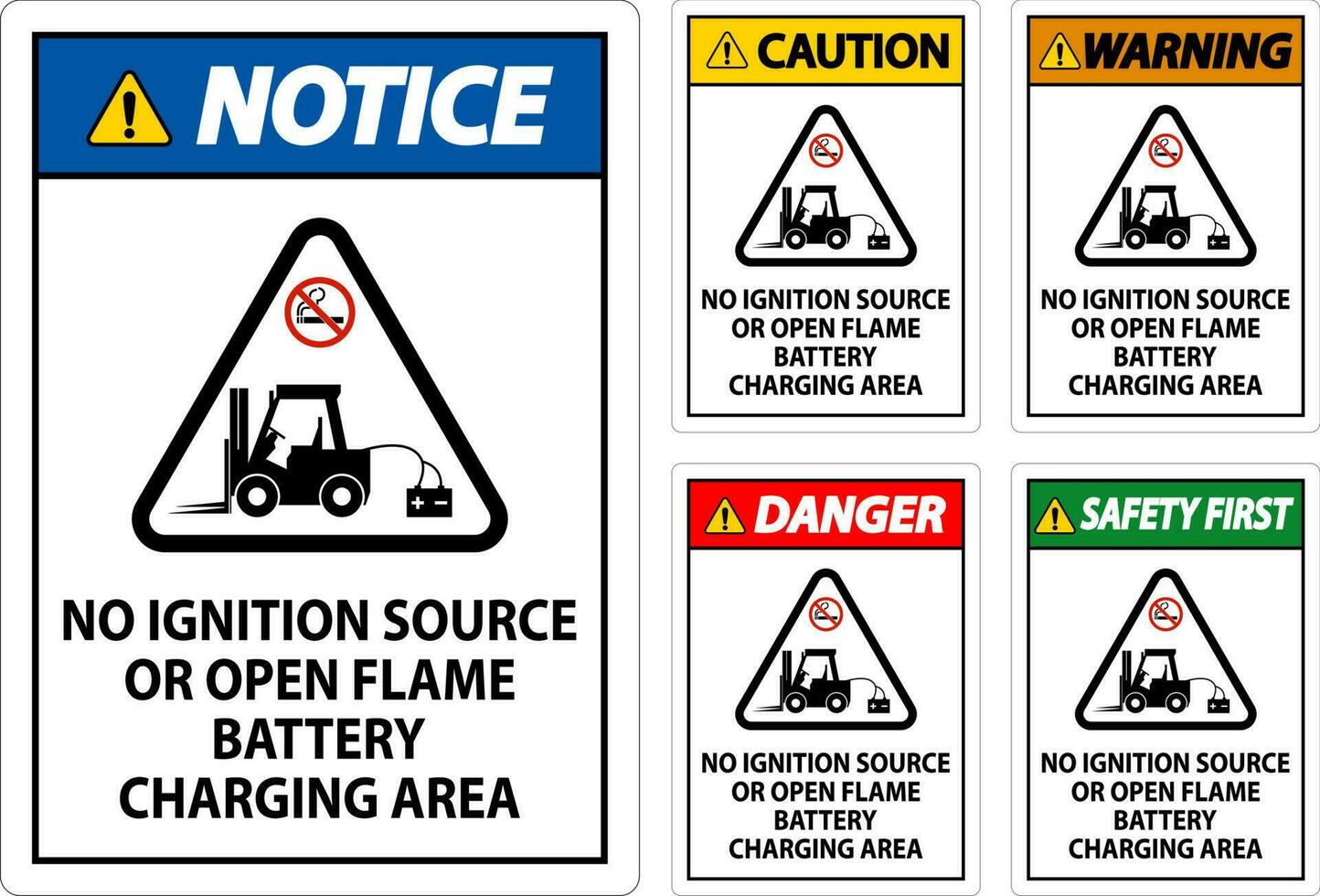 Warning Sign No Ignition Source Or Open Flame, Battery Charging Area vector