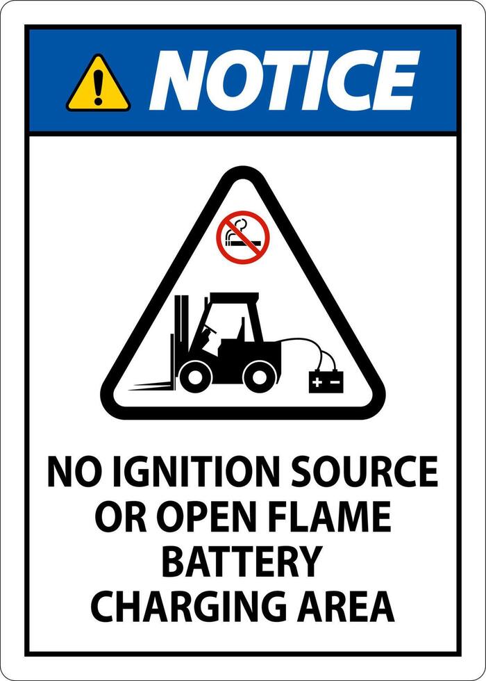 Notice Sign No Ignition Source Or Open Flame, Battery Charging Area vector