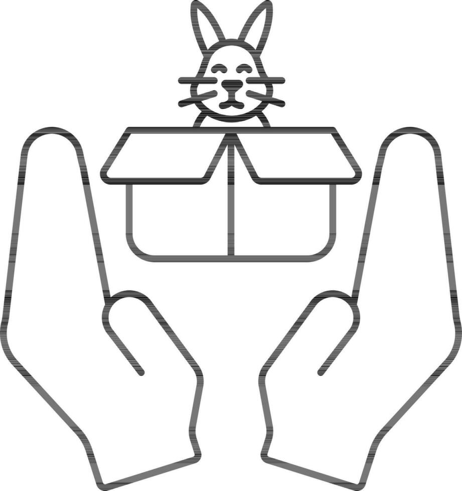Hands With Rabbit Inside Box Icon In Black Line Art. vector