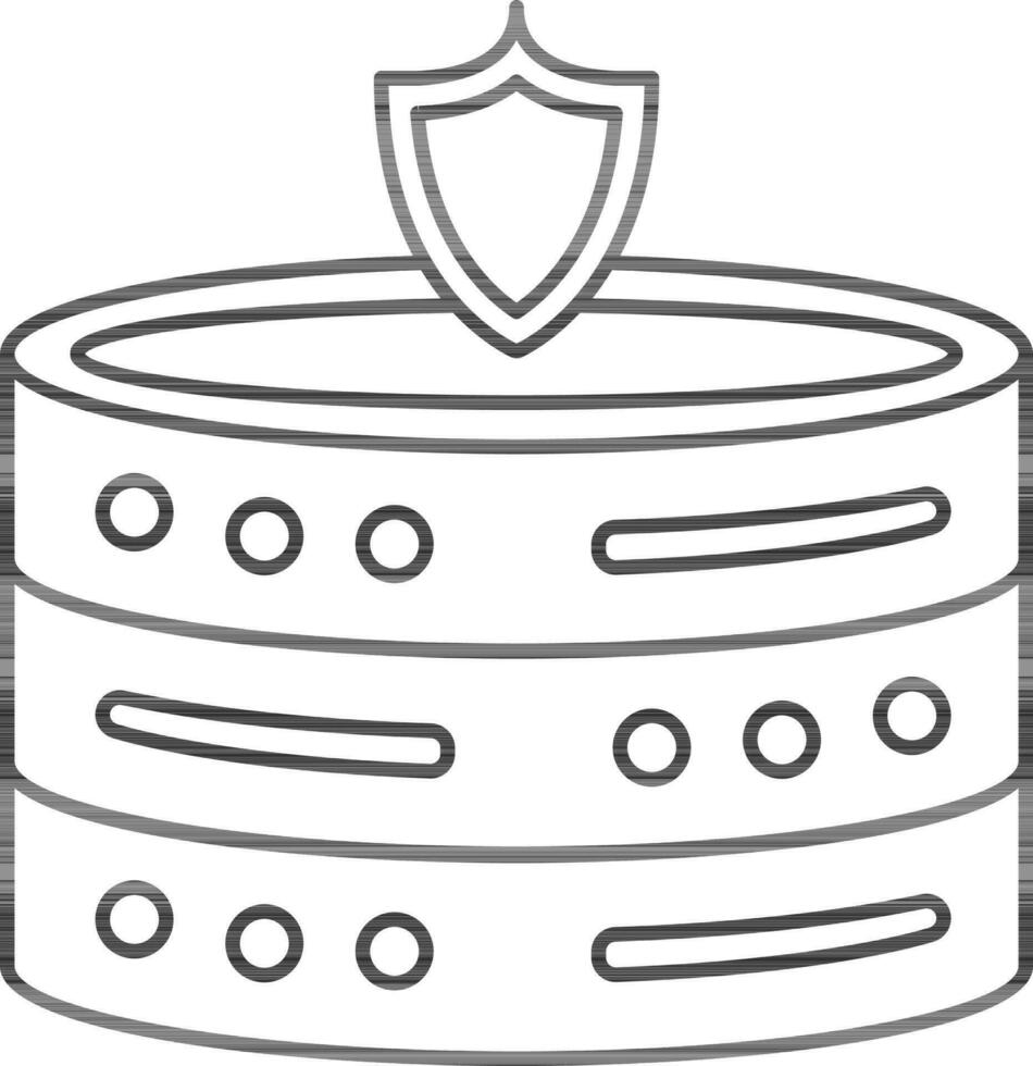 Database Security Shield Icon In Black Line Art. vector