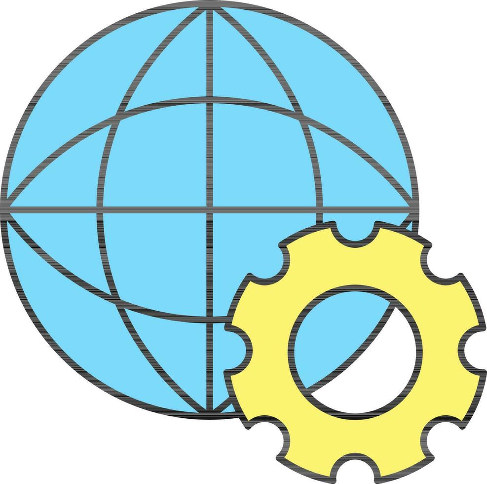 Blue And Yellow Cogwheel With Globe Icon. vector