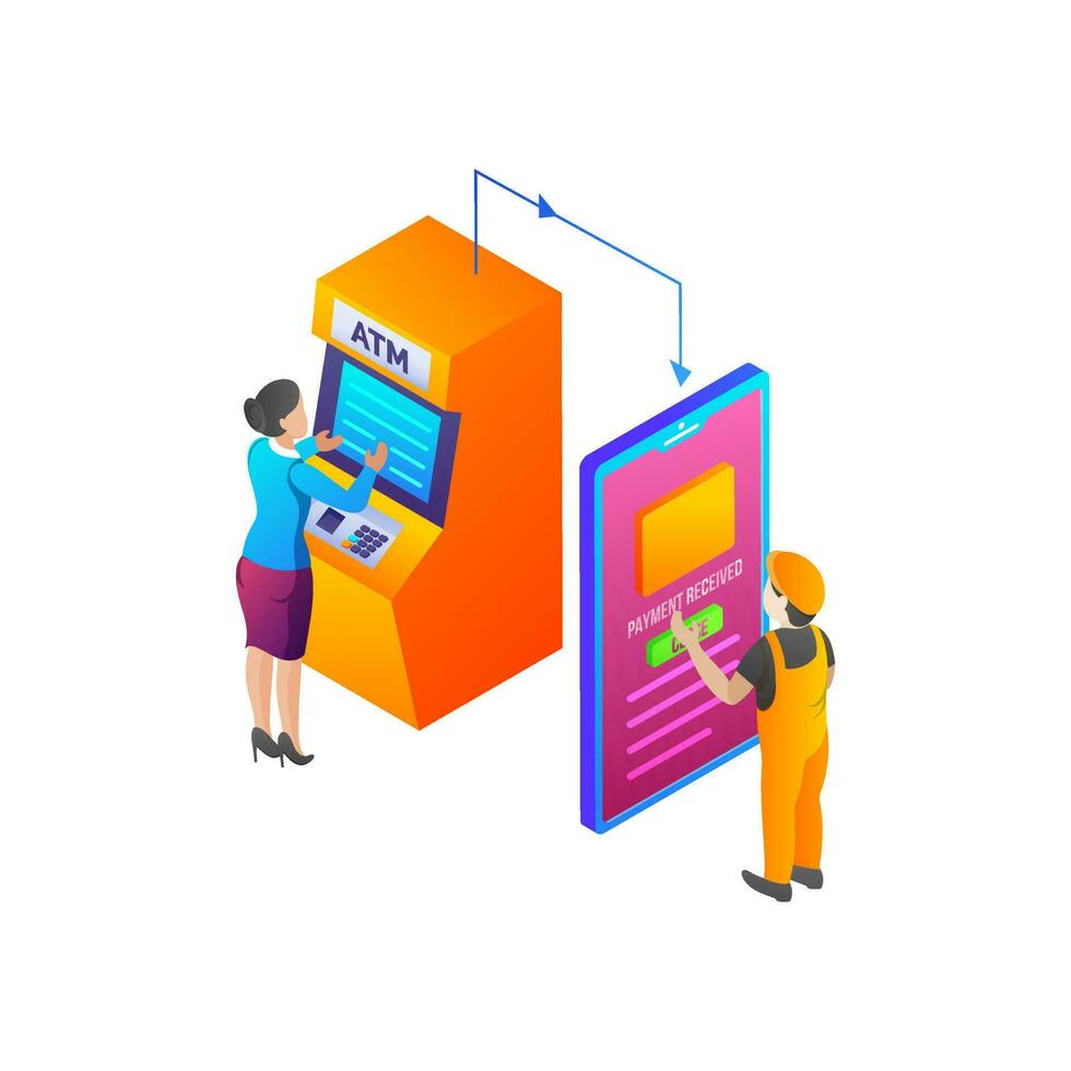 Girl money send from atm machine and delivery boy payment receive in mobile. vector