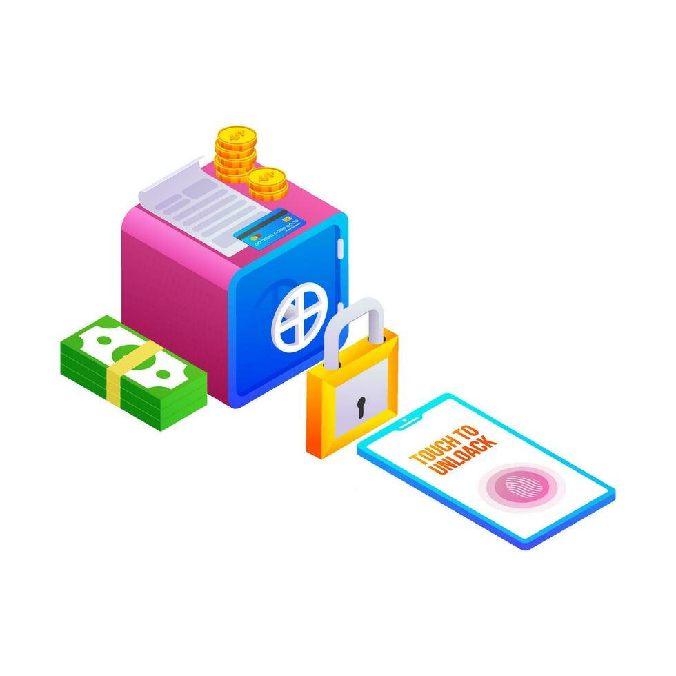 Stack of coins, money, locker with reciept and smartphone. vector