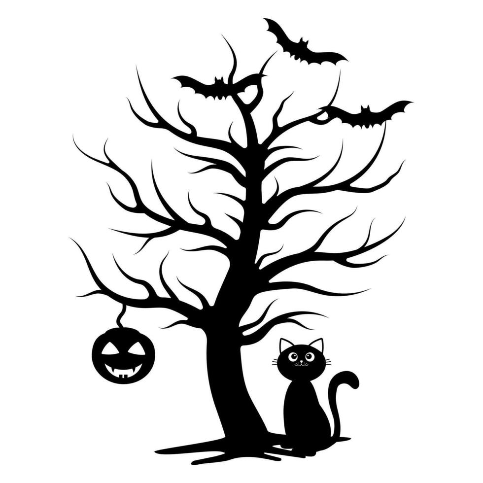 Scary Halloween Tree With Hanging Pumpkin, Vector isolated illustration on White Background