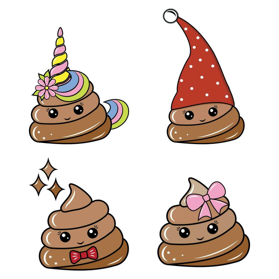 A set of characters kawaii poop girl, boy, unicorn, gnome. Color vector illustration in cartoon style