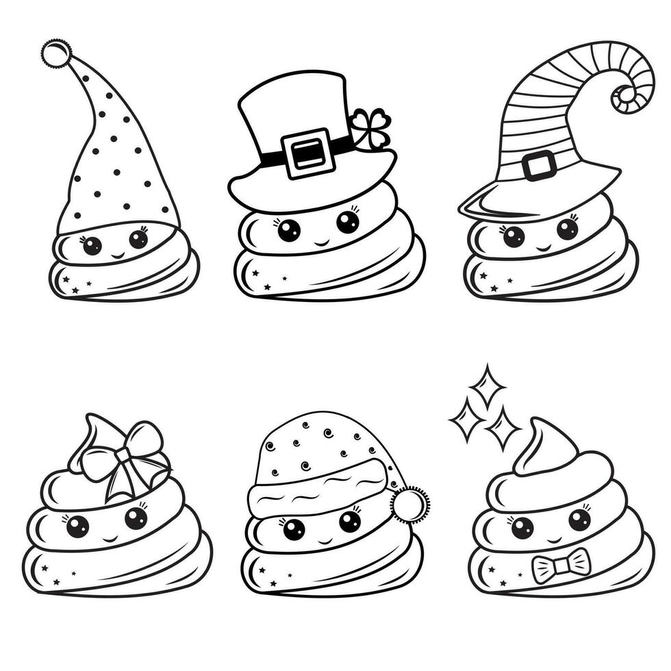 A set of characters of kawaii poop Santa Claus, St. Patrick, a certified scientist, a Halloween witch, a girl, a boy, a unicorn, a dwarf. Black outline in doodle style vector