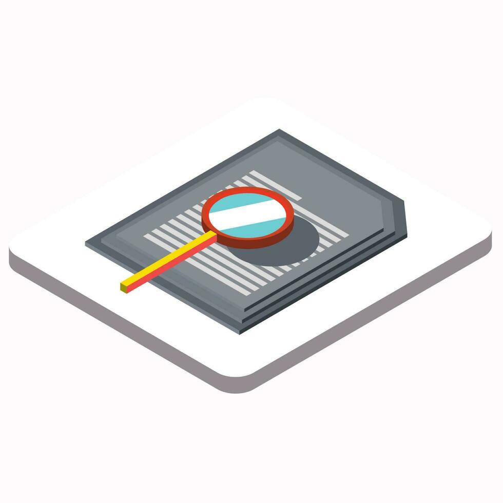 Data analysis magnifier with document element in isometric style. vector