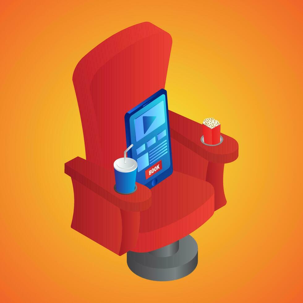 3D illustration of mobile video with popcorn and soft drink on red chair for celebration concept. vector