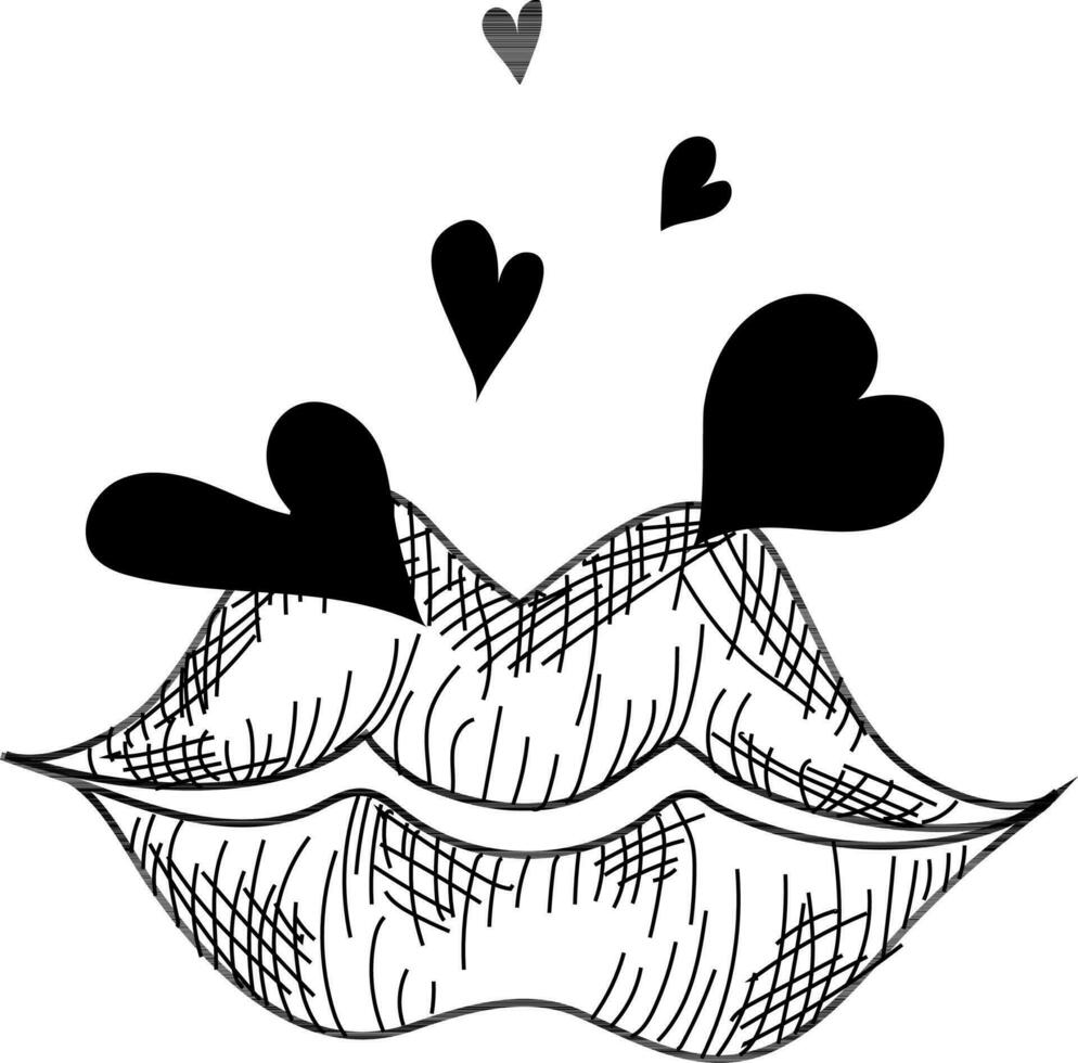 Doodle style illustration of lips with hearts. vector
