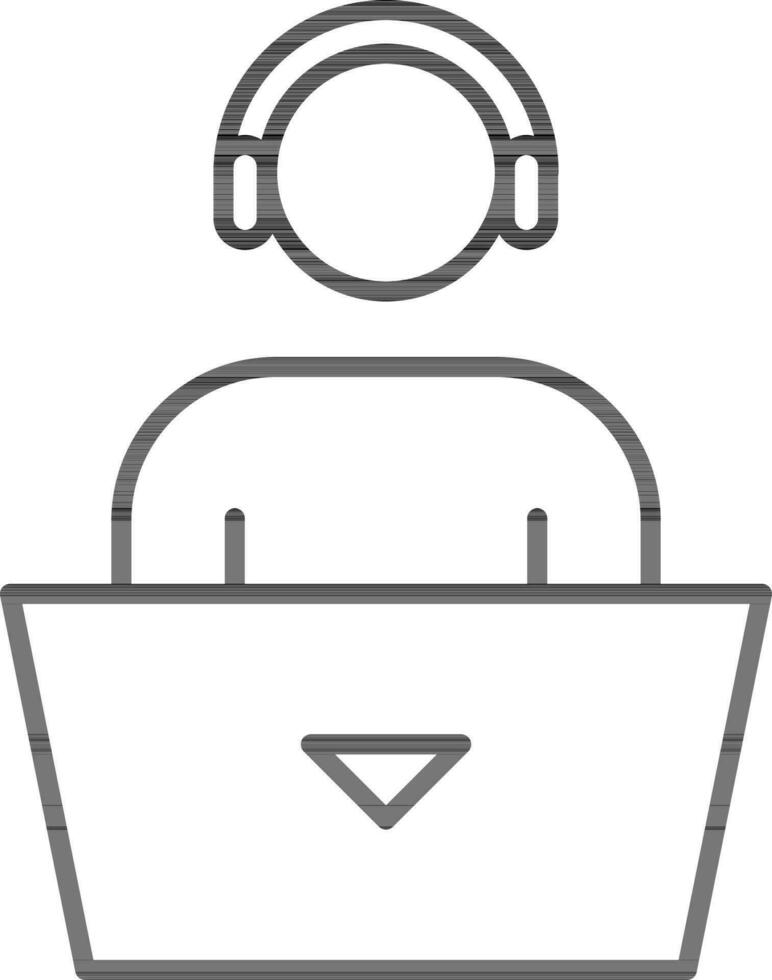 Headphone Wearing Man With Laptop Icon In Line Art. vector