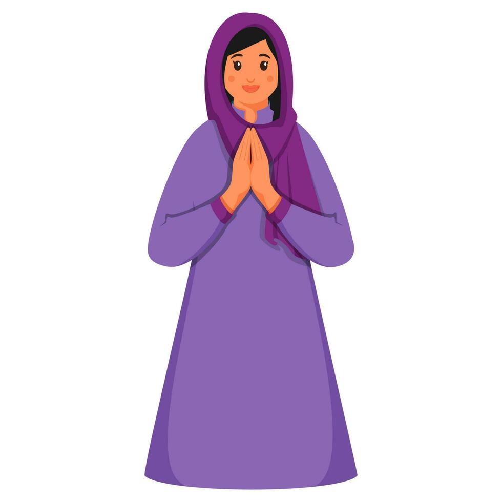 Beautiful Woman Doing Namaste In Standing Pose. vector