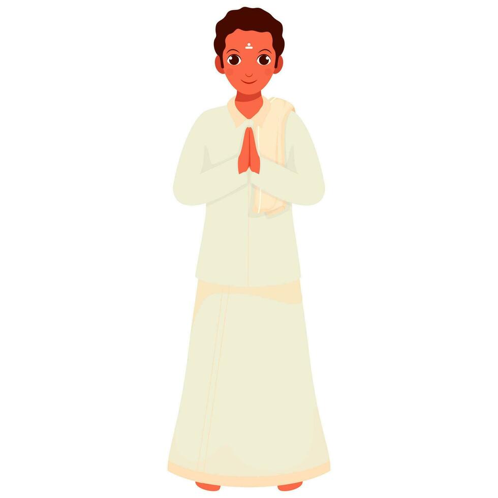 South Indian Man Doing Namaste In Standing Pose. vector
