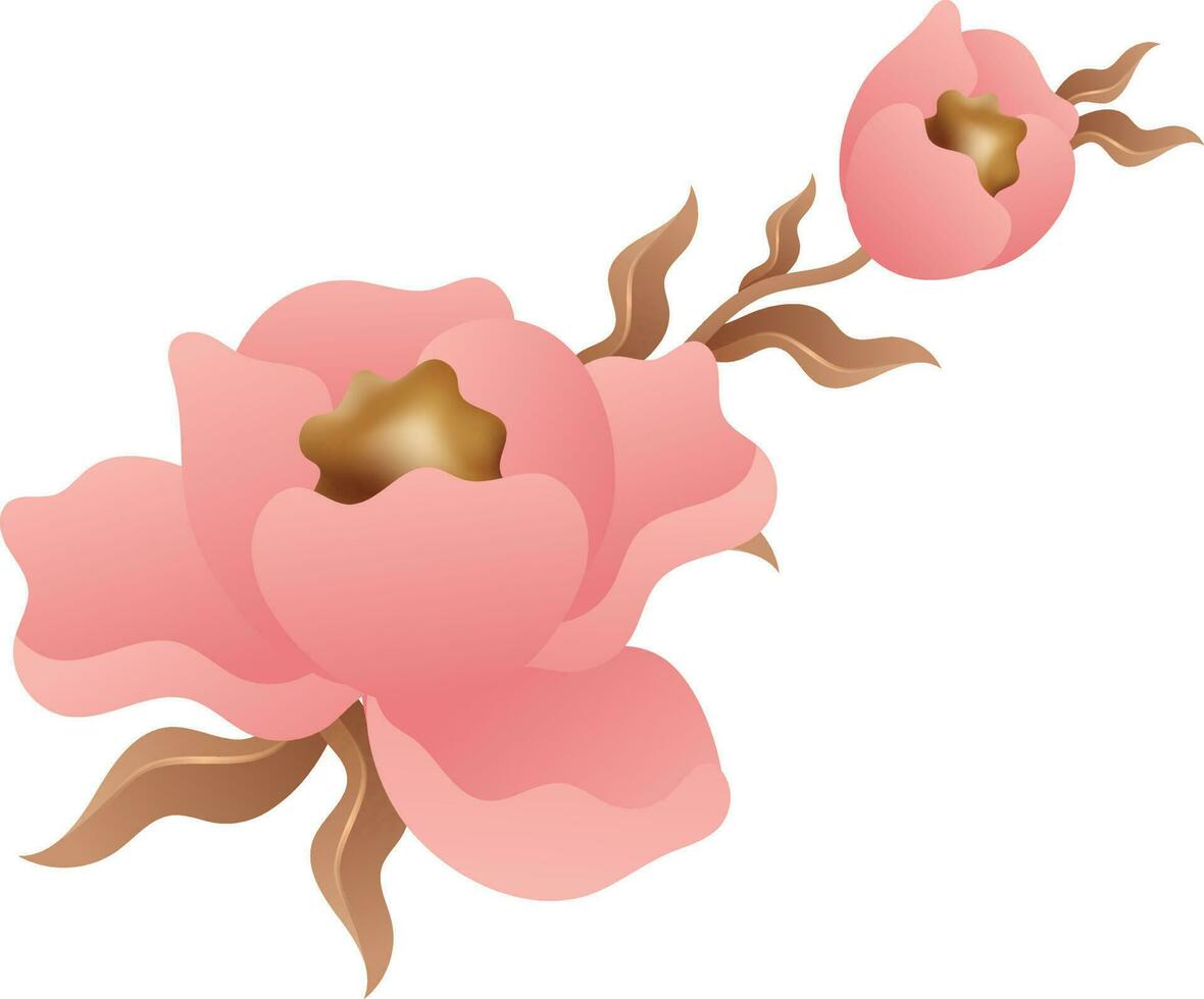 Glossy Flower With Leaves In Red And Bronze Color. vector
