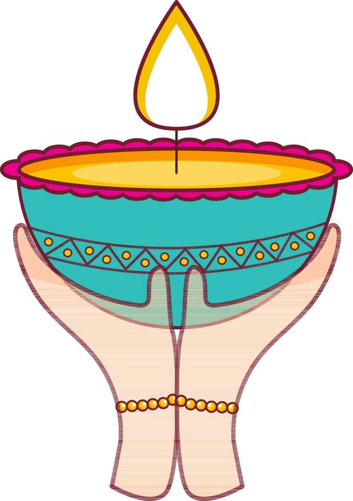 Diya Holding Female Hand Up Element In Colorful. vector