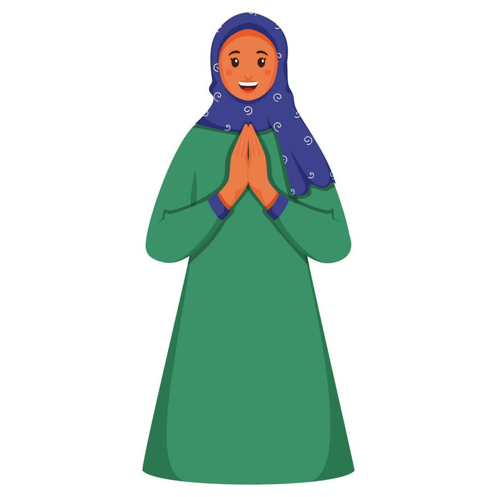 Cheerful Muslim Woman Doing Namaste In Standing Pose. vector