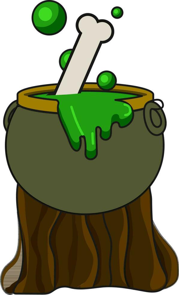Boiling Cauldron On Swedish Log Stove Element In Brown And Green Color. vector