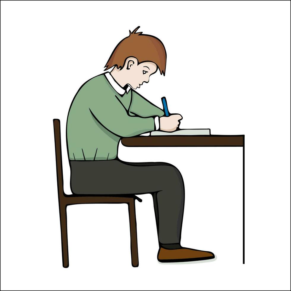 Boy writes behind the desk. Hand-drawn doodle of schoolboy writing in a textbook. Vector, editable, isolated on white. vector