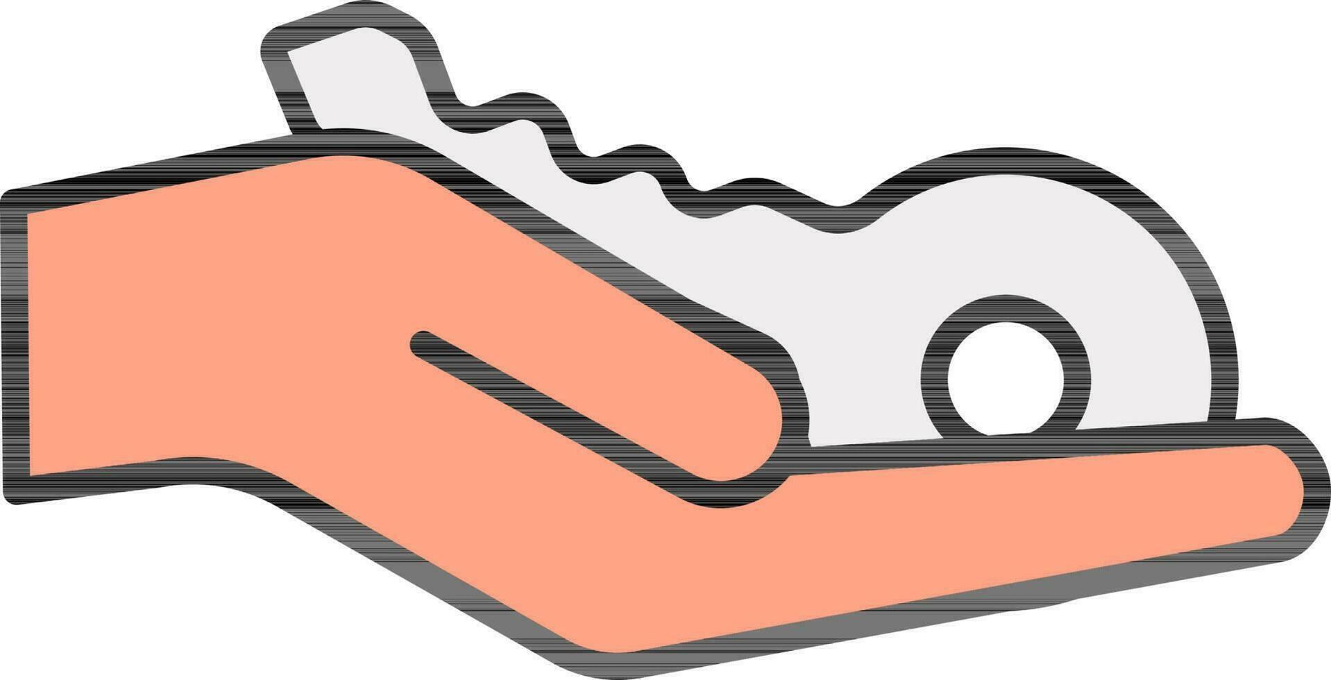 Hand Holding Key Icon In Orange And Gray Color. vector