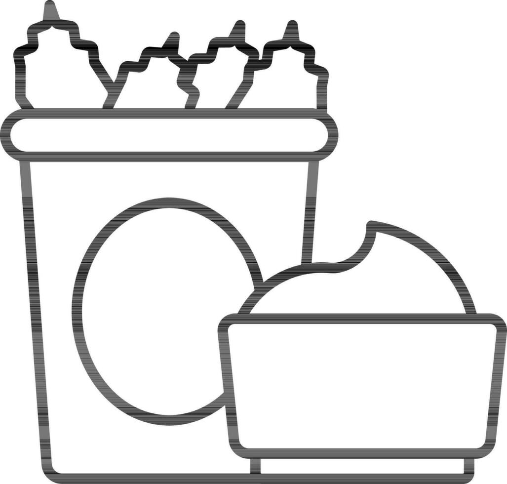 Chicken Strips With Dipping Sauces Icon In Black Line Art. vector