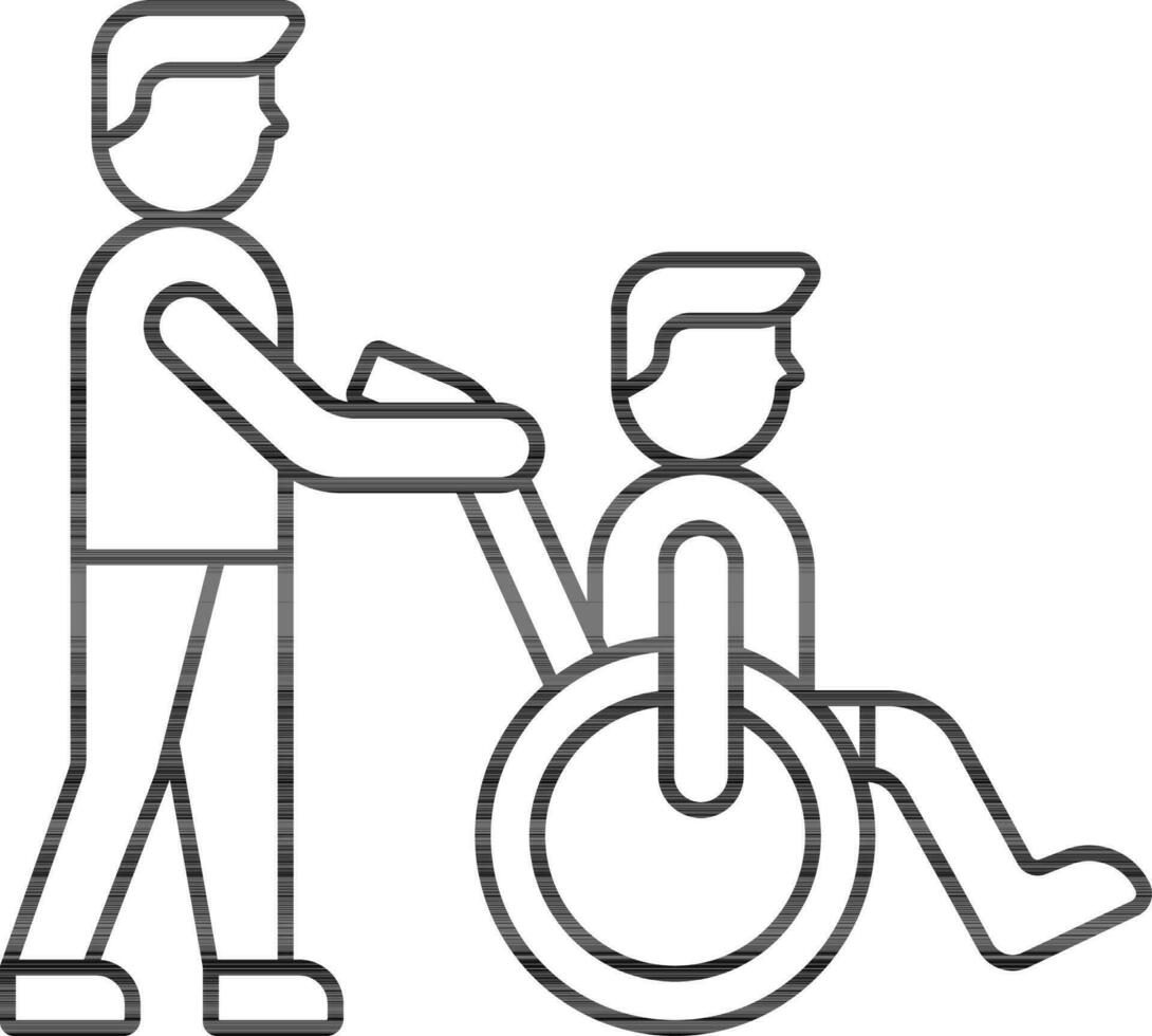 lineal estilo ayudante con discapacitado hombre en silla de ruedas icono. vector