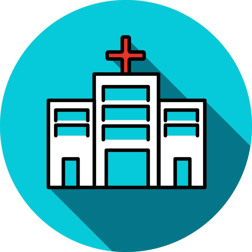 White Hospital Building Icon on Blue Circle Background. vector