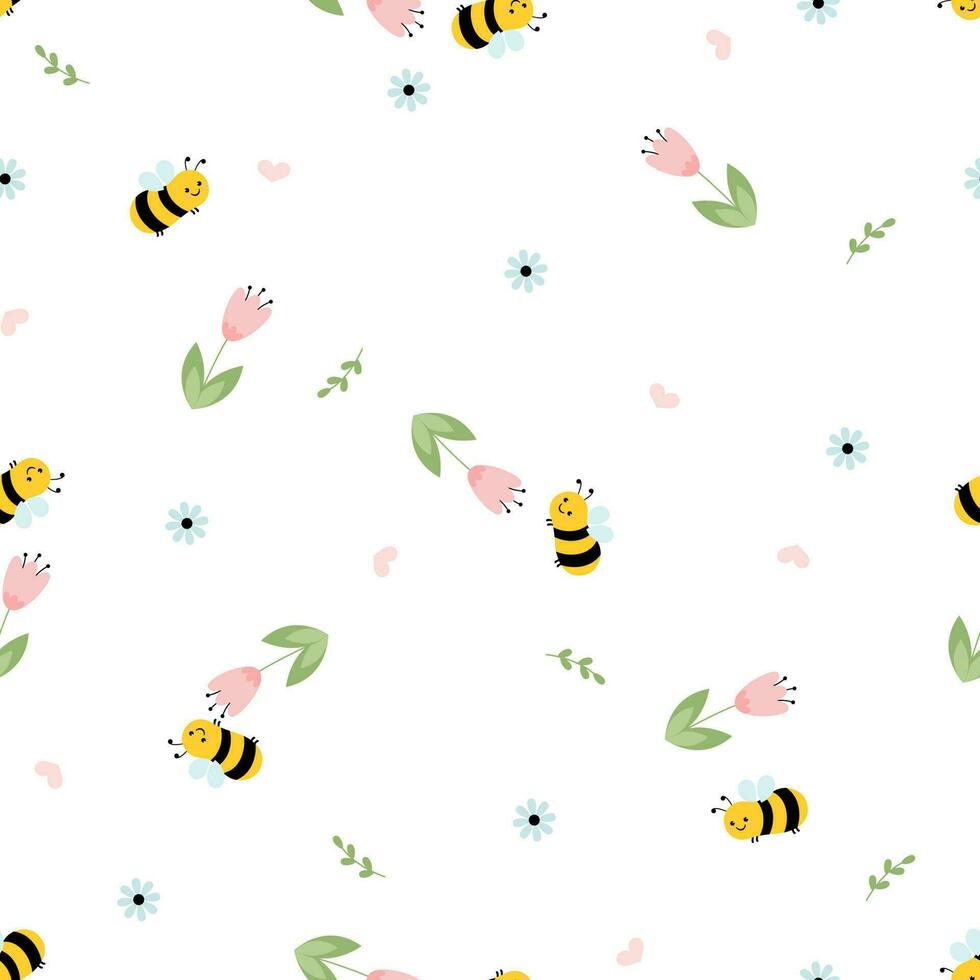 sin costura modelo con tulipán flor, corazones y volador abeja dibujos animados en blanco antecedentes vector ilustración. linda infantil impresión.