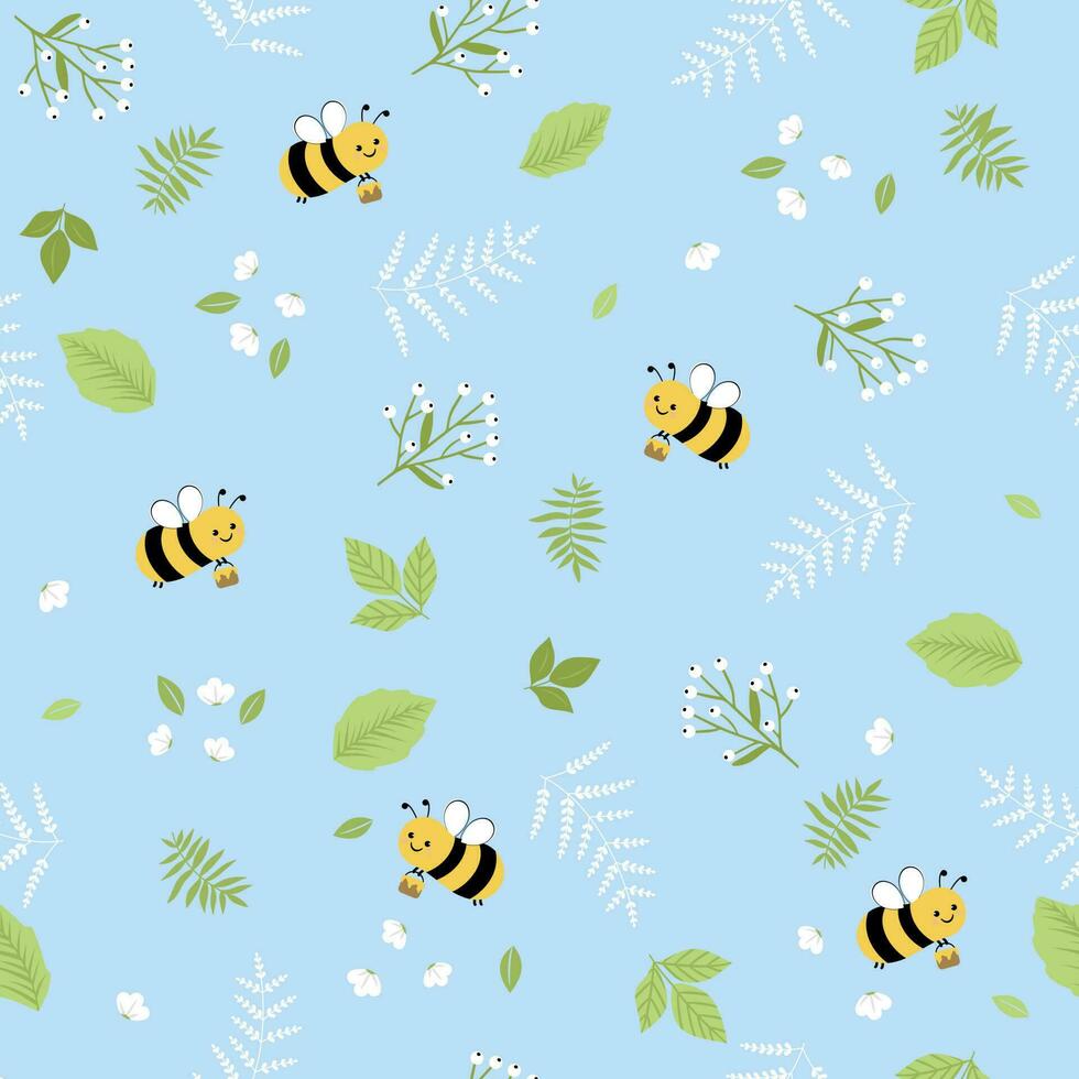 Seamless pattern with flower, leaves and flying bees on blue background. Cute cartoon print. vector