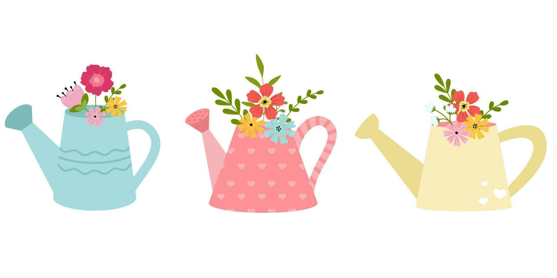 Three watering can with bouquet flowers on white background. vector