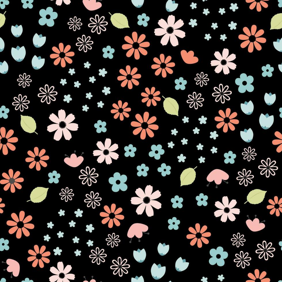 Seamless pattern with flowers and leaves on black background. Colorful vector flat style. Baby design for fabric, print, wrapper, textile