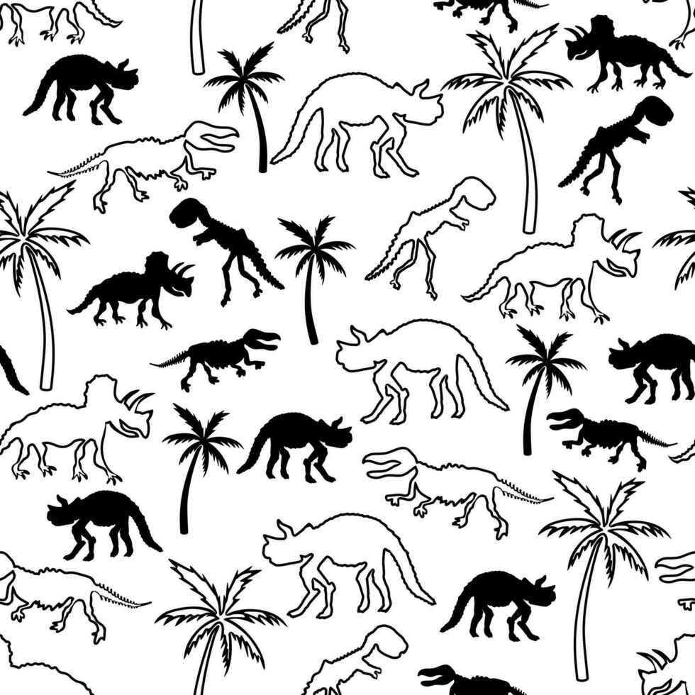 Dinosaur skeleton and palm tree. Seamless pattern. Original design with t-rex, dinosaur bones, stones, traces, plants and eggs. Print for T-shirts, textiles, web. vector
