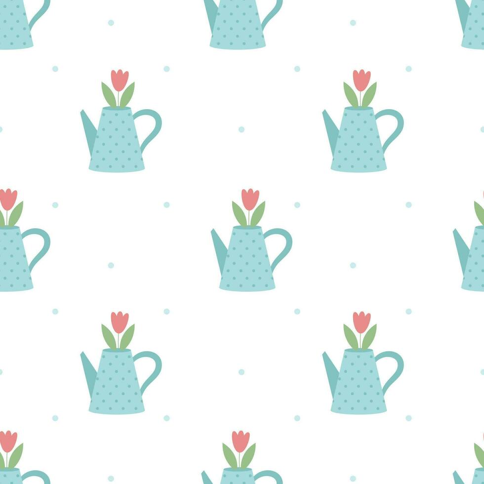 Watering can with tulips seamless pattern. Garden background. Vector illustration.